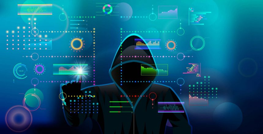 virtual infographic screen hooded man cartoon